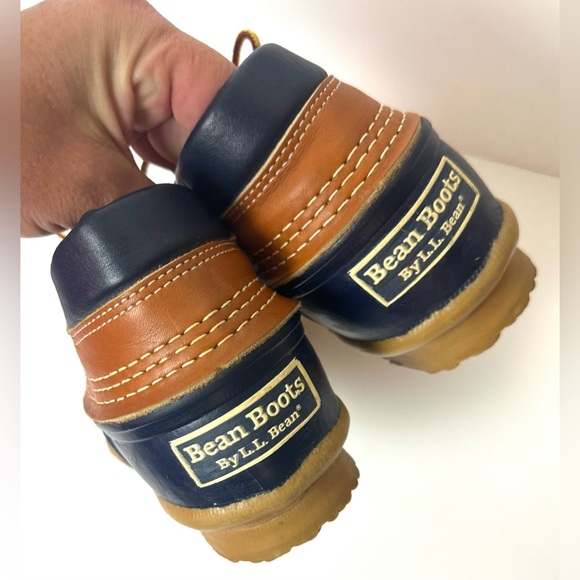 Vintage LL BEAN Bean Boots Gumshoes Duck Navy Blue Tan Leather Rubber Waterproof - Picture 14 of 16